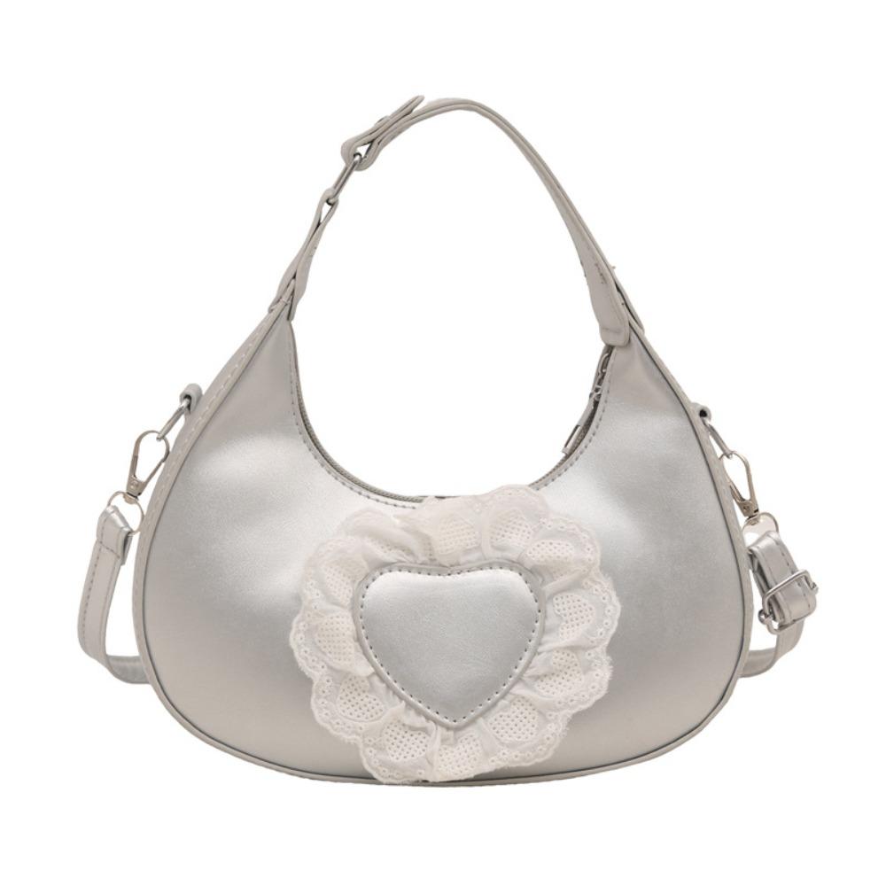 Casual Solid Color Love Heart Crossbody Bag Korean Style PU Leather Women Underarm Bag Handbag All-match Crescent Bag Women