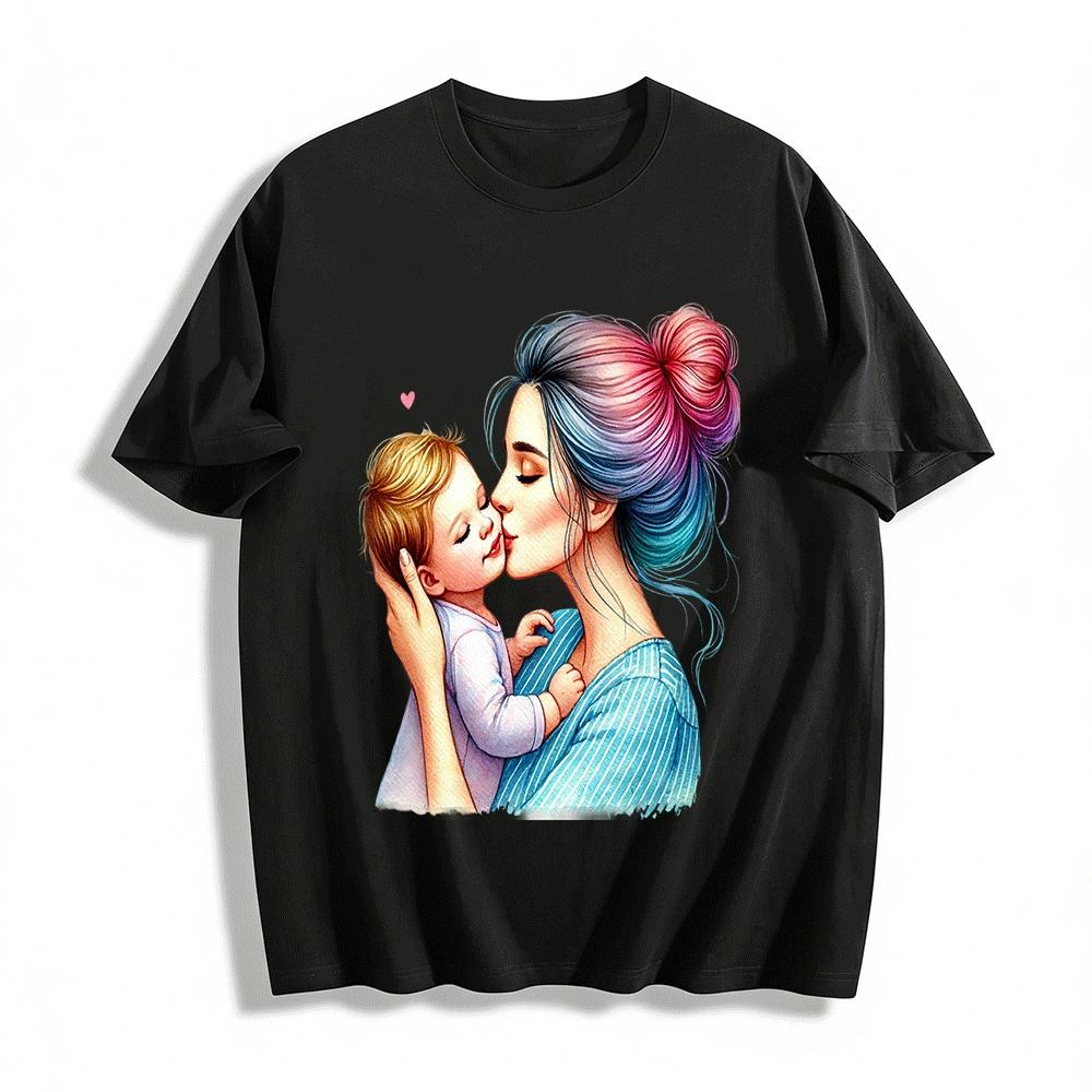 Warm Mother Child Love Print Casual Top For Adults Pure cotton T-shirt XXS