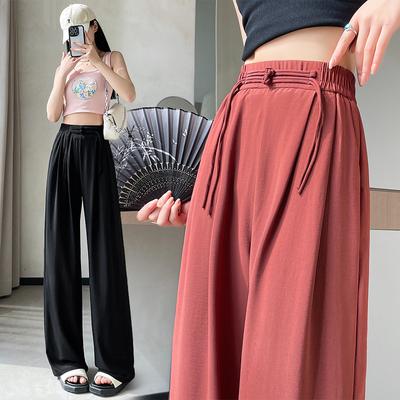 New Chinese Wide-leg Pants for Women In Summer Chinese Style, Elastic Waist, Ice-like Draping, Loose Slimming Straight-leg Casual Trousers
