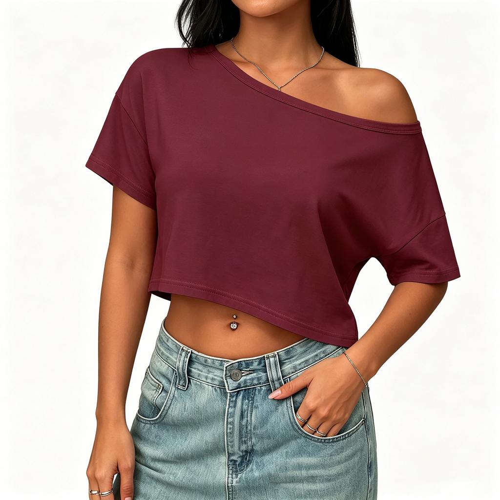 Dámský ležérní crop top s odhalenými rameny, volný střih, krátký rukáv, jednobarevný, základní letní tričko