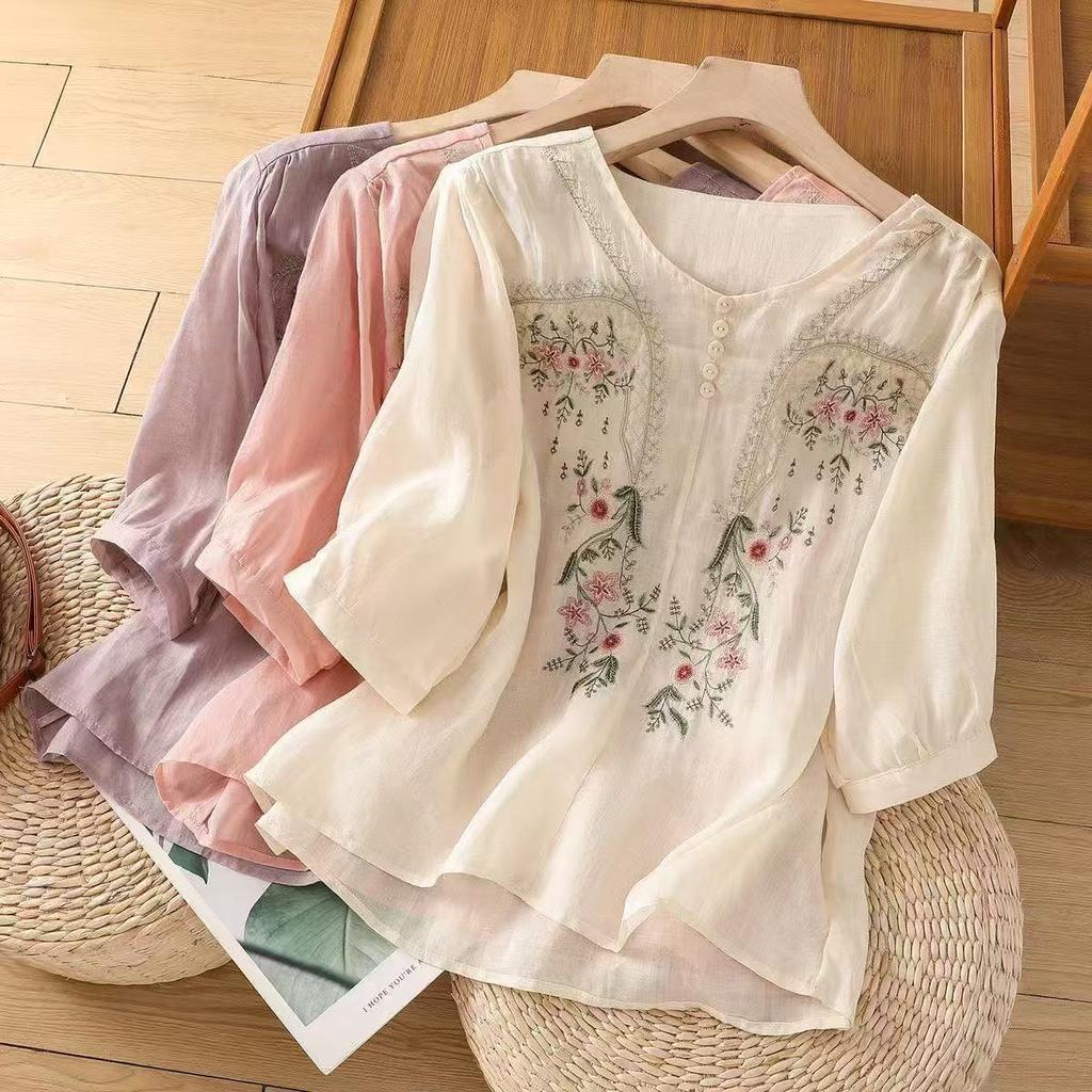 Camisa de Algodón y Lino con Cuello en V Bordada para Mujer Verano Estilo Fino Manga Media Suelta Top Camisa Pequeña