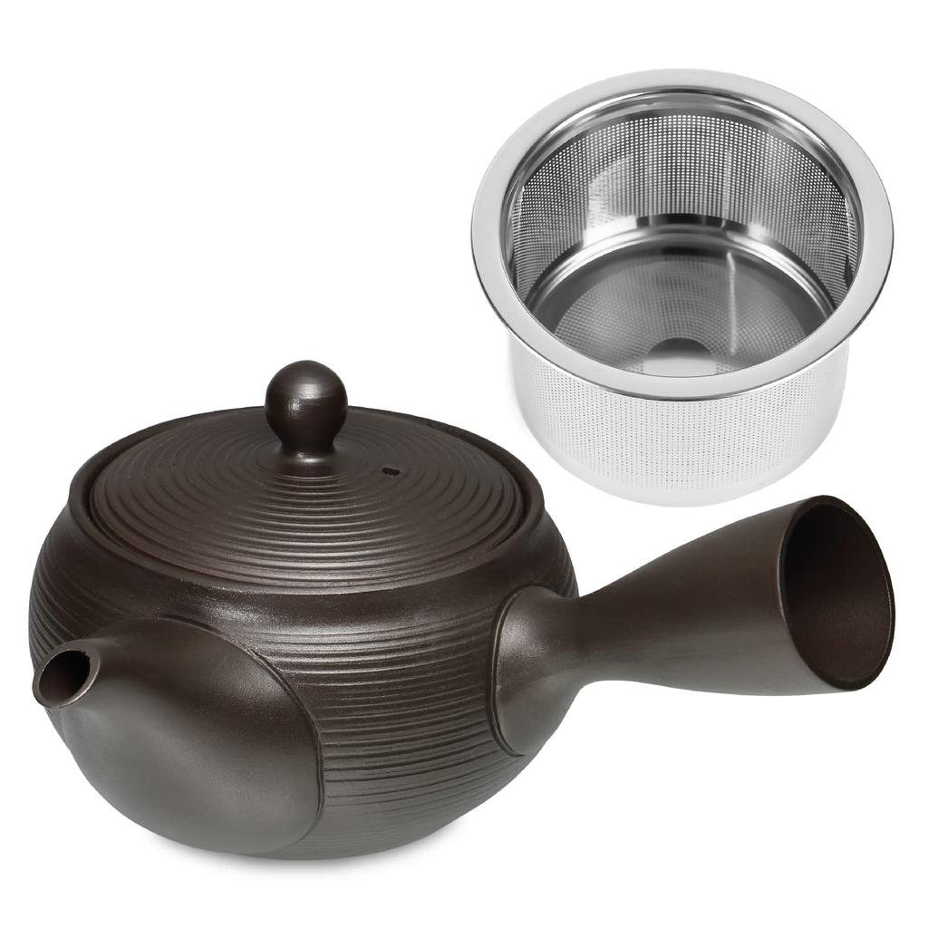 Kitsuko Tokoname-yaki Spiral Teapot, 330ml [with filter tea strainer] Dark Gray Black, Mellows the Flavor, Suitable for Deep Steaming, Made in Japan
