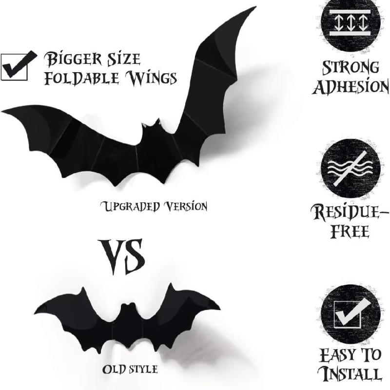 60Pcs 3D Waterproof Black Bats Spiders Wall Decor Halloween Decor PVC Black Bat Stickers Halloween Party Bats Windows Stickers