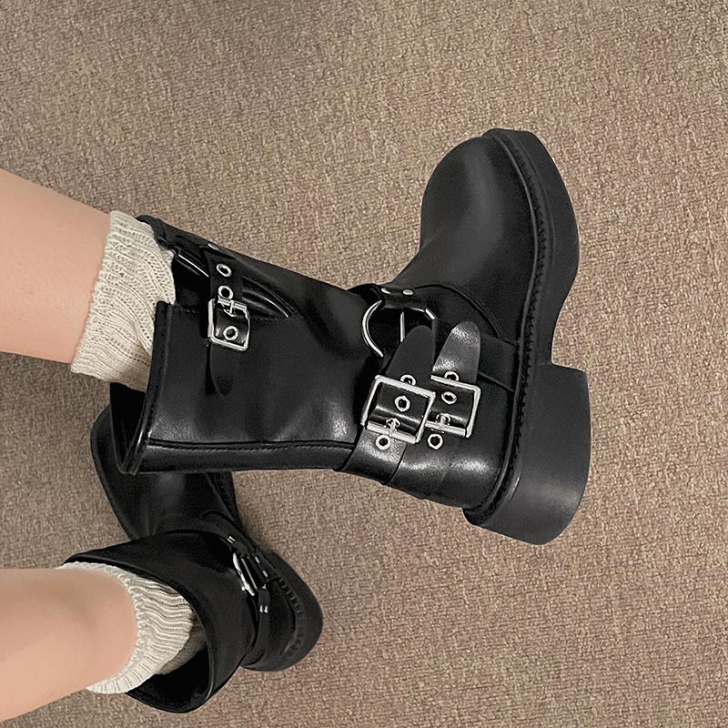 Fashion Vintage Women Western Cowboy Boots Fashion Belt Buckle Autumn Winter Shoes Female Slip On Low Heel Knight Booties