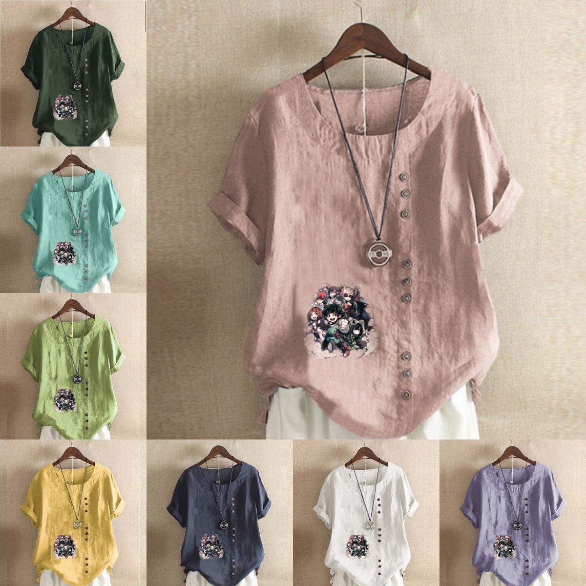

Women s New Fashion Linen Shirt Round Neck Short Sleeve Cartoon Characters Printed T-shirt Summer Ladies Casual Plus Size Blouse Tops