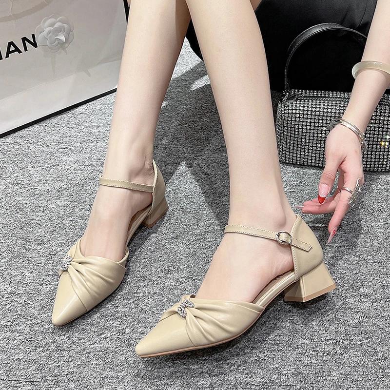 Baotou Thick Heel Sandals Spring New Pointed Head Shallow Mouth Crystal Buckle Butterfly Knot Line with Low Heel Shoes