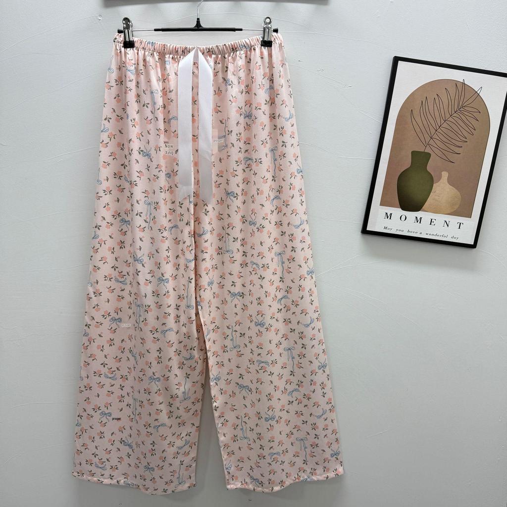 Damen-Blumen-Baumwoll-Seiden-Pyjama - Große Größen, Sommer, Leicht, Für draußen, Gerades Bein, Lockerer Schnitt