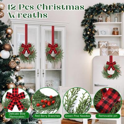 Christmas Kitchen Cabinet Wreaths With Plaid Bow Ribbon Hanging Cabinet Doors Wreaths Decorative For Kitchen Window Outdoor Indoor Holiday Decor