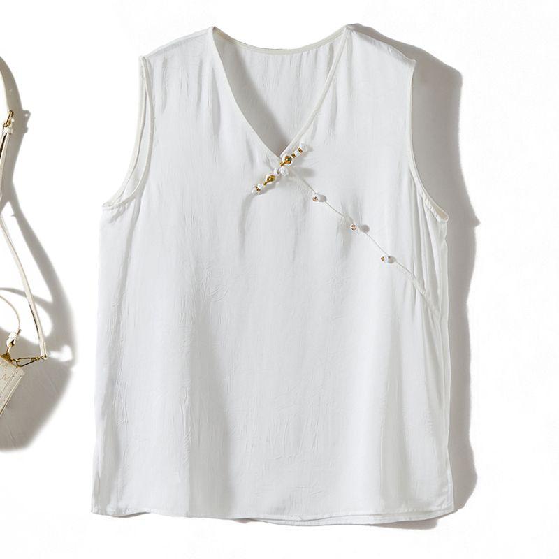 

Satin Acetate Tencel Smooth Feeling Strong! Women s Small V-neck Bead I-Shaped Vest Summer T-shirt Digital Dark Pattern White L