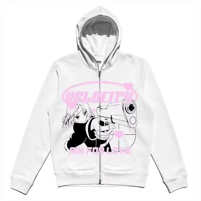 Japanischer Anime-Hoodie mit durchgehendem Reißverschluss und Gun Girl-Print, lässiger, lockerer und vielseitiger Manteltrend für Frühling und Herbst