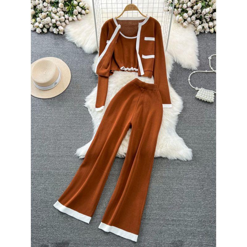 Fashion Suit K-style Long Sleeves Contrast Color Knitting Cardigan Coat Vest Three-Piece Set High Waist Slimming and Straight Loose Pants