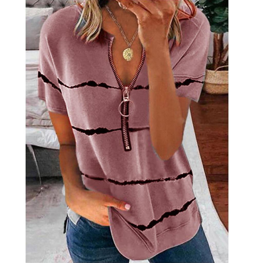 Women's Fashion Casual Striped Zipper Round Neck Loose Short-Sleeved Tops