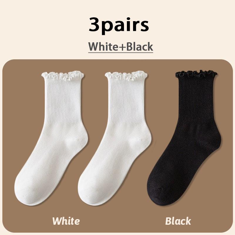 Ruffle Socks for Women 3pair /Lot Mid Crew Middles Tube Ankle High Breathable Black White Calcetines Female Spring Autumn Sock