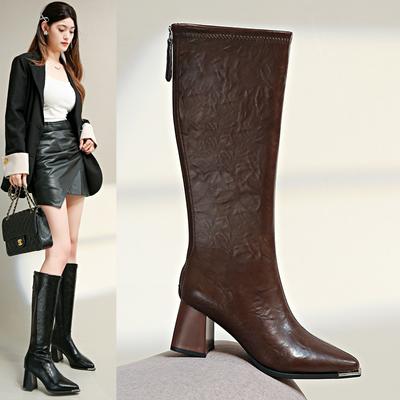 Windspitze dünne Stiefel Damen Herbst dünner Absatz hohe Stiefel Reißverschluss hinten hoher Absatz dünne Stiefel