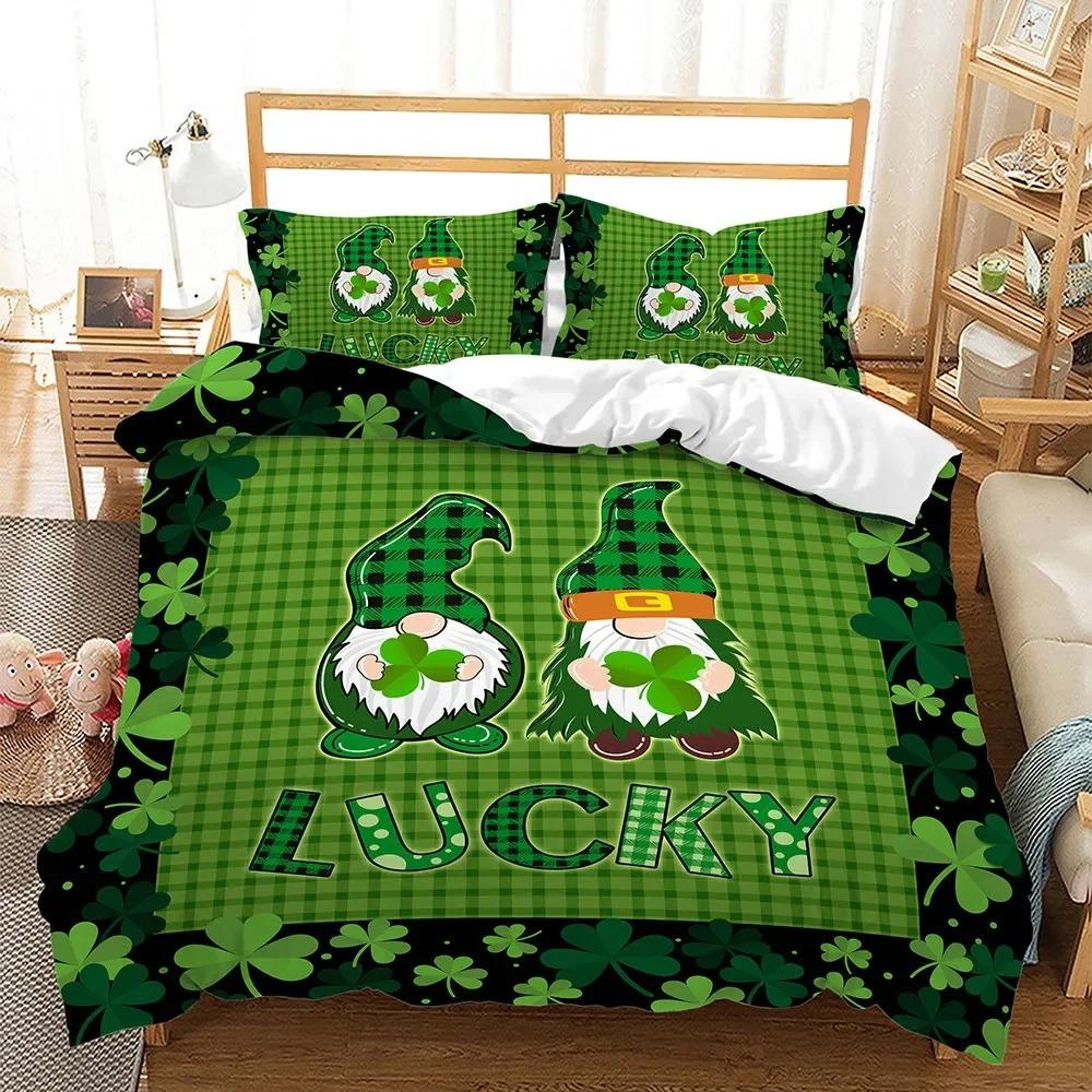 

Lucky Green Leaves King Queen Duvet Cover Four Leaf Shamrock Clover Bedding Set Irish Culture Soft Polyester Quilt Cover Tool 70x133cm 2pcs