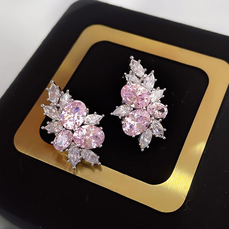 Elegant Light Luxury Pink Zircon Earrings for Women High-End Temperament Trendy Zircon Accessory