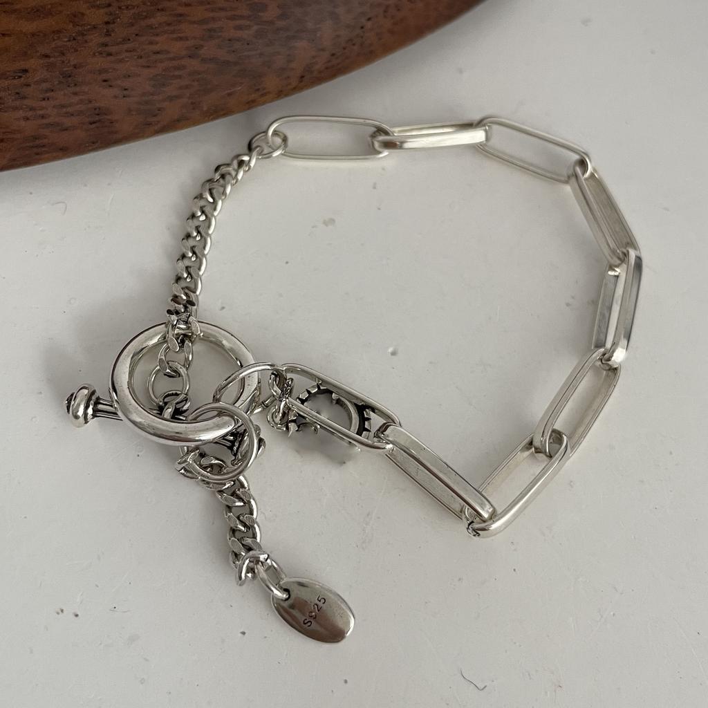 100% Solid 925 Silver Metal Bracelet for Women Vintage Handmade Simple Retro Heart Chain Bracelet Birthday Gift Party