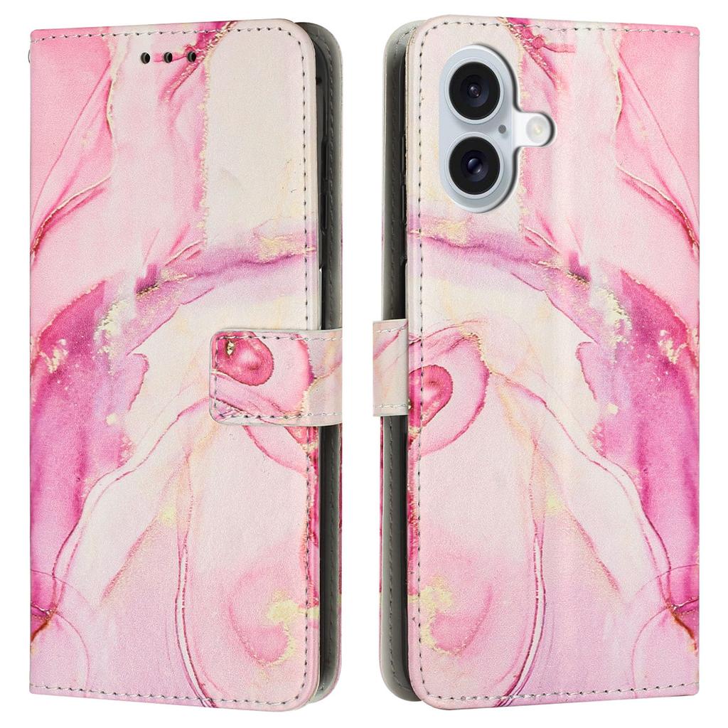 Für iPhone 16 Plus Ständerhülle Marmormuster PU-Leder Brieftasche Handyhülle mit Handschlaufe