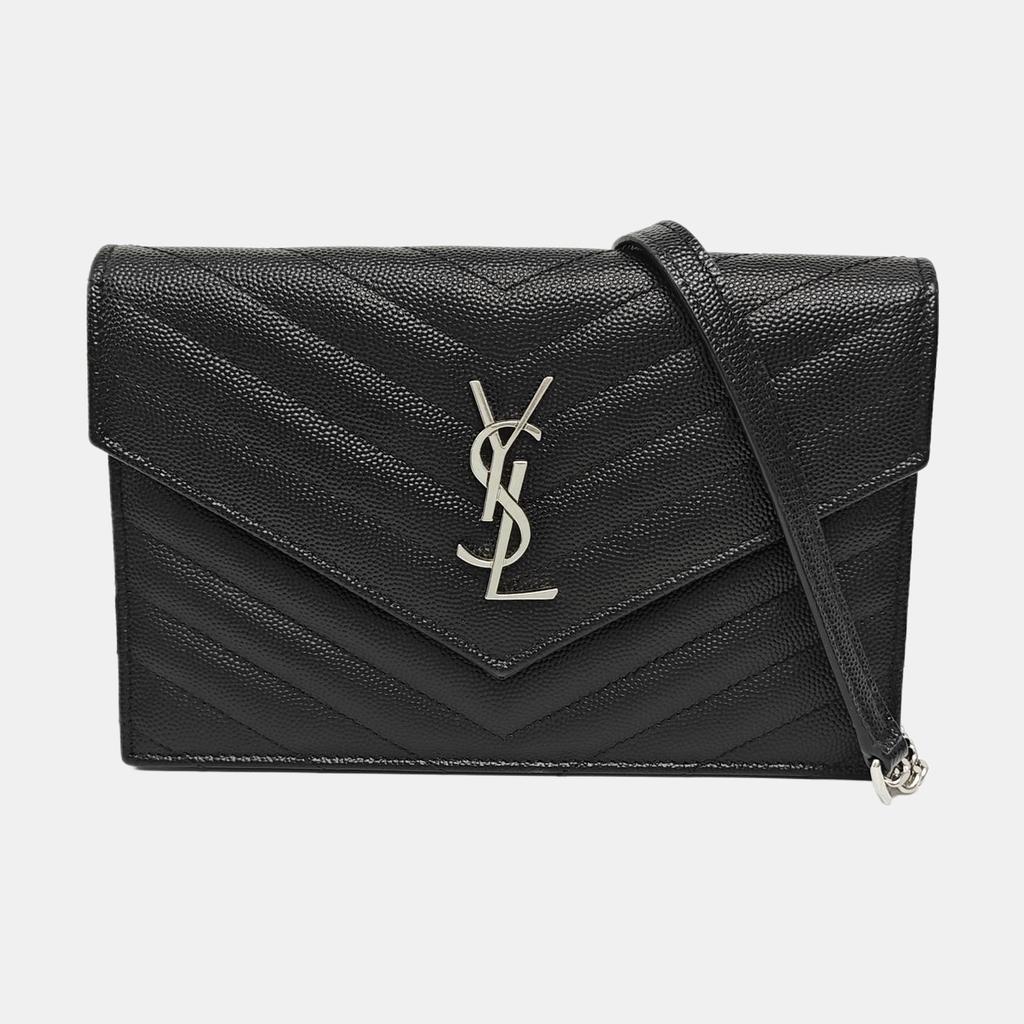 [Pre-Owned] Ysl Envelope Silver Logo Quilted Grainy Embossed Leather Envelope Chain Wallet Shoulder Crossbody Bag - Excellent #1TE77E9
