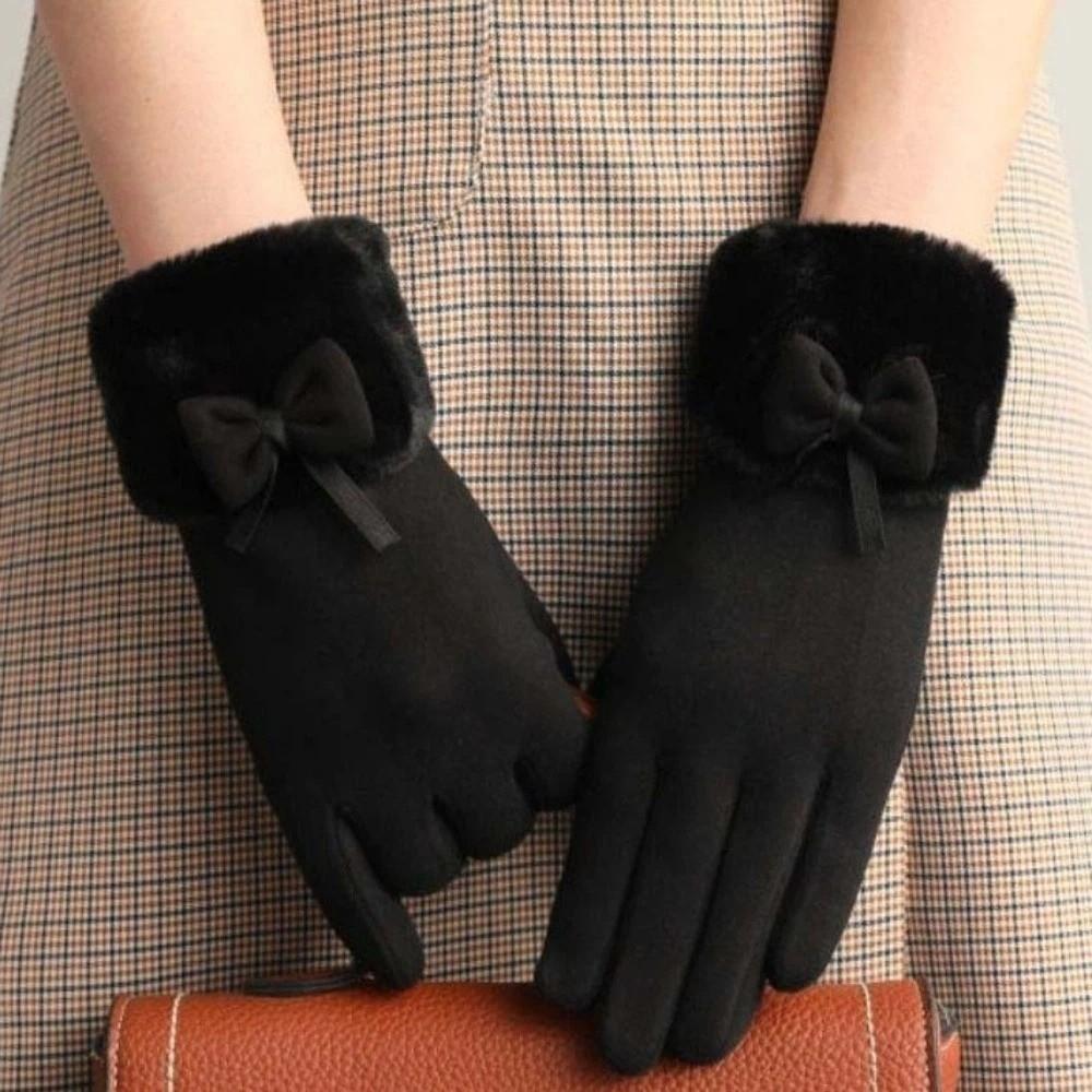 Bow Women Anti-cold Gloves Plush Windproof Finger Mittens Thickened Suede Gloves Outdoor