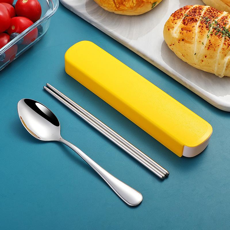 Stainless steel portable storage tableware set, chopsticks, spoons, student office workers with box, fork and spoon three-piece set
