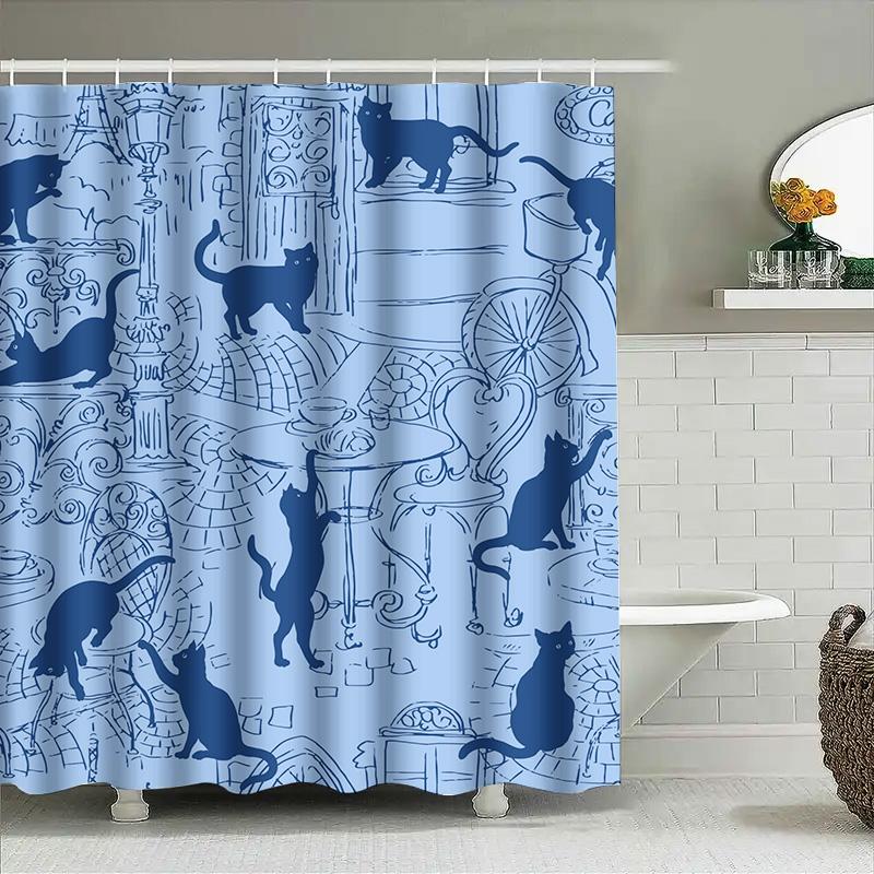 Blue Feline Bathroom Curtain Set: Modern Cat Print Shower Curtain With Rings For Home Decor Perfect Gift For Animal Lovers