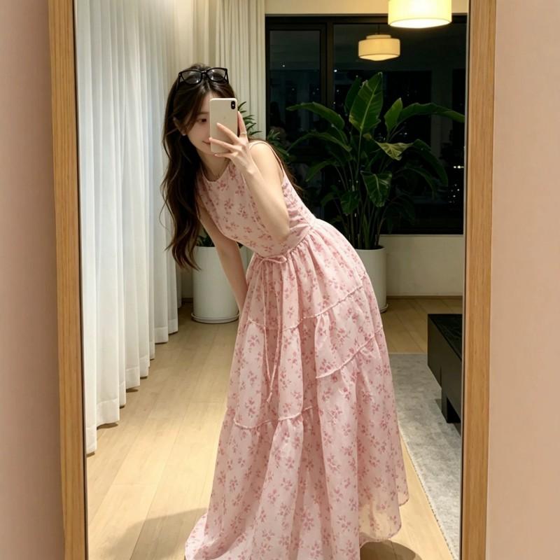 2026 Floral Print Sleeveless A-Line Midi Dress Women Cinched Waist Pink Chic Beach Vacation