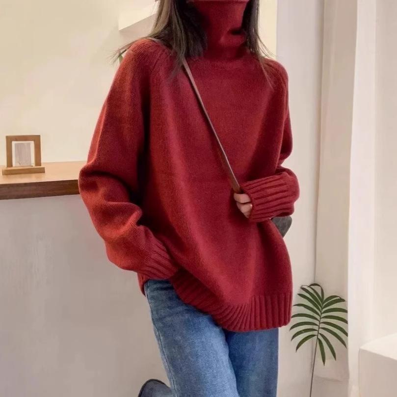 Autumn and Winter New Turtleneck Sweater Women's Loose Thick Curling Heap Collar Lazy Soft Waxy Knitted Sweater Top