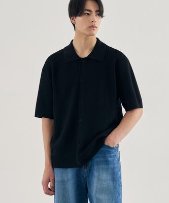 Draw Fit Scallop Collar Short Sleeve Cardigan [Black]