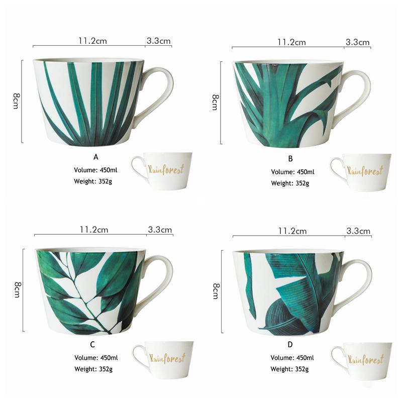 1 szt. Kubek z zielonym liściem w stylu europejskim, ceramiczny kubek do mleka, kubek na wodę, kubek do kawy z porcelany kostnej, filiżanka do herbaty, naczynie do picia