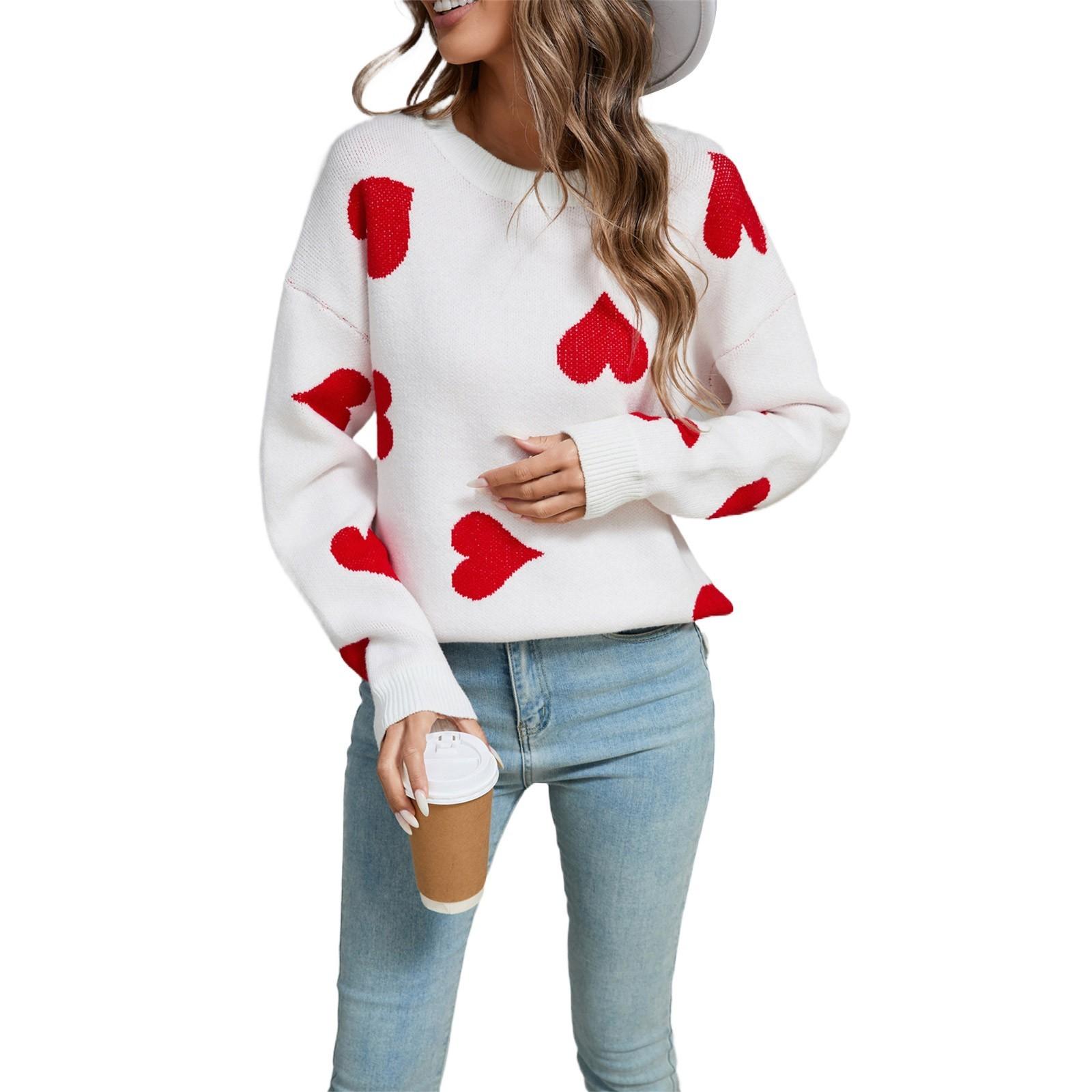 

Женский свободный повседневный модный свитер с круглым вырезом и сердечком, вязаный свитер-рубашка XL белый