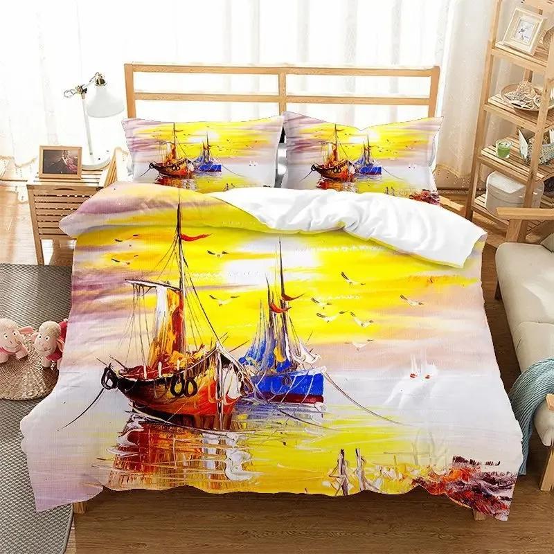 Oil Painting Landscape Duvet Cover King Queen Size Seaside Sunset Colorful Painted Style Art Print Polyester Comforter Cover