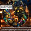 Decorative Window Sun Catcher Stained Glass Style Black Cat And Magic Coffee Cup Hanging Ornament for Wall Handcrafted Artistic Gift Decor,
