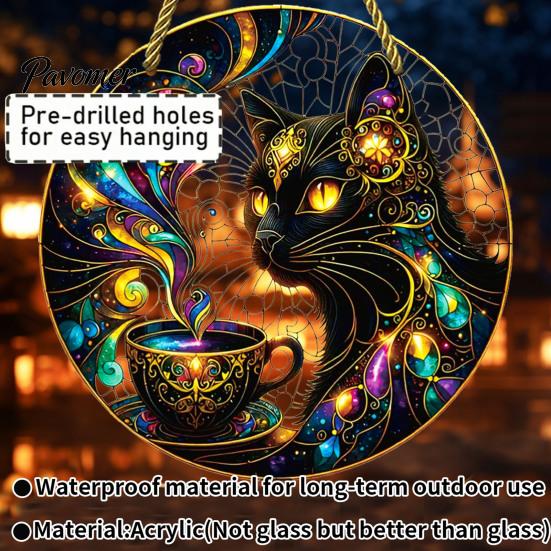 Decorative Window Sun Catcher Stained Glass Style Black Cat And Magic Coffee Cup Hanging Ornament for Wall Handcrafted Artistic Gift Decor,