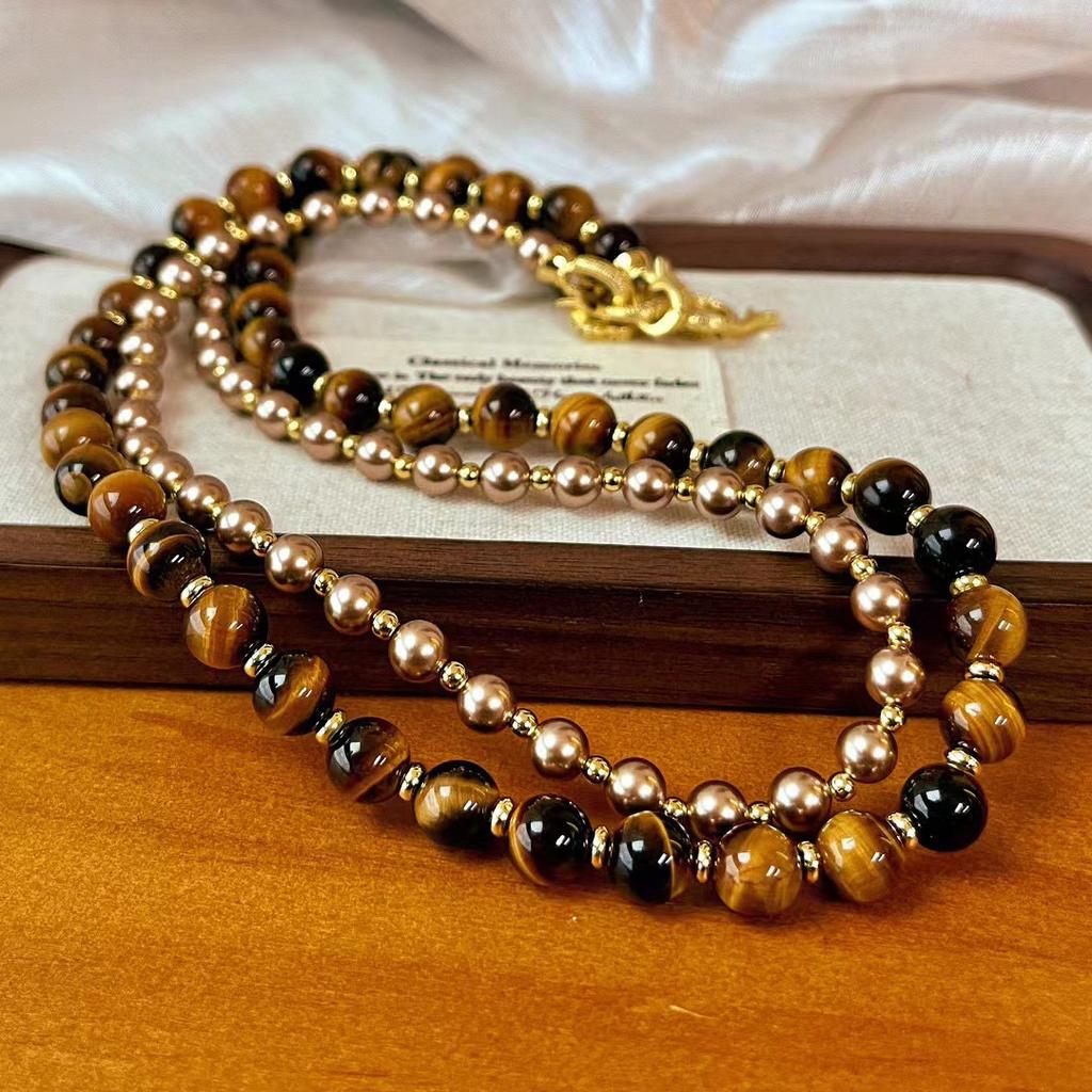 Vintage High-Quality Natural Tiger'S Eye Stone Shijia Coffee Pearl Double-Layer Necklace Maillard Style Autumn And Winter New