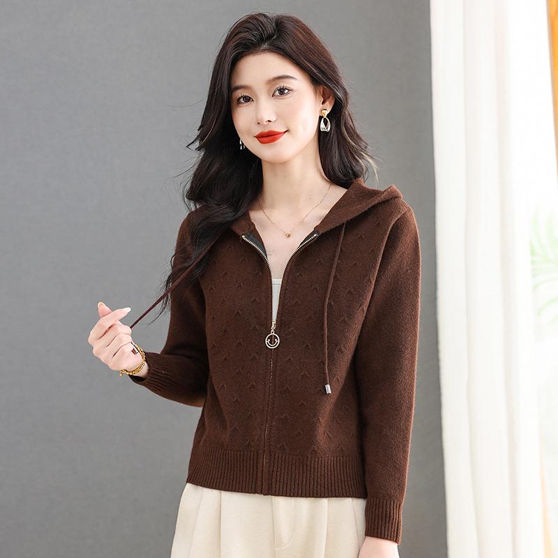 Damen-Strickjacke mit Kapuze und Reißverschluss für Frühling und Herbst
