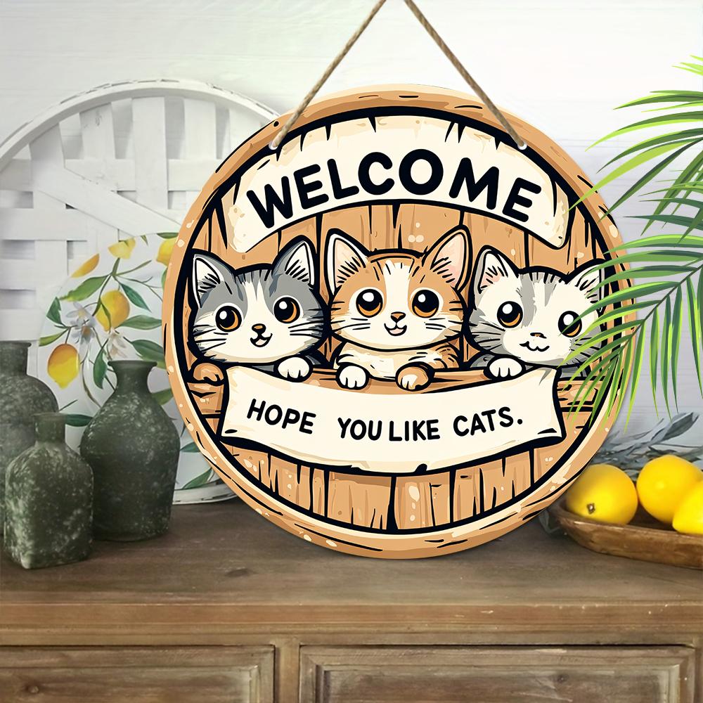 Dekorativt hengeskilt i tre, velkommenskilt, Mønsteret er tre søte katter, innendørs- eller hagedekorasjoner, 2D flat anheng, innflyttingsgaver til venner