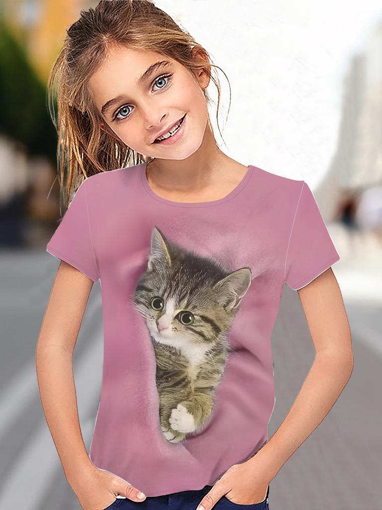 Kinderbekleidung Mädchen T-Shirt Kurzarm 3D Cartoon Katze Druck Kinder Sommerkleidung Mode Niedliche Mädchenkleidung Polyester Tops