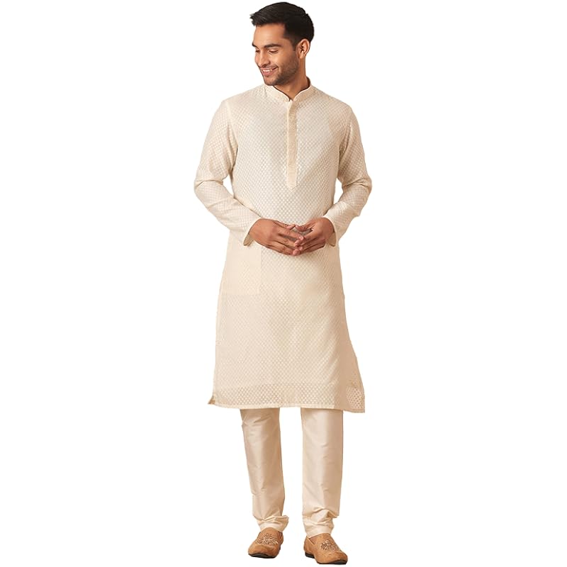 Manyavar Kurta Set For Men, Full Sleeves Mandarin Collar Ethnic Kurta & Payjama Set Art Silk All Over Self Design Set (C