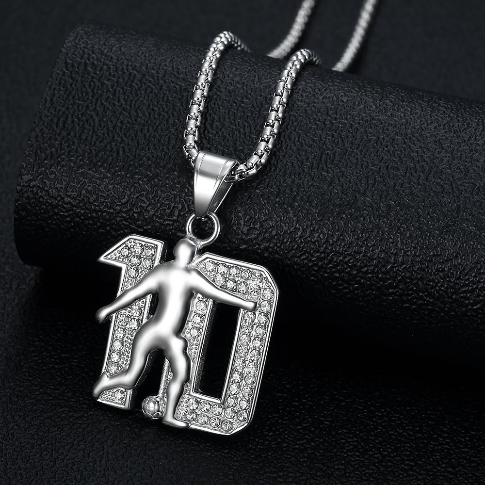 New Hot Selling Hip Hop Accessories Titanium Steel Gold Plated Diamond Inlaid Football Messi No. 10 Number Pendant Necklace