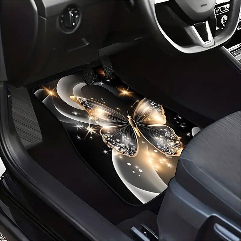 4pcs Set Elegant Butterfly Car Floor Mats with Anti-Slip Design, Soft Velvet-Like Texture (Durable Fabric) - Golden & Black Luxury Pattern
