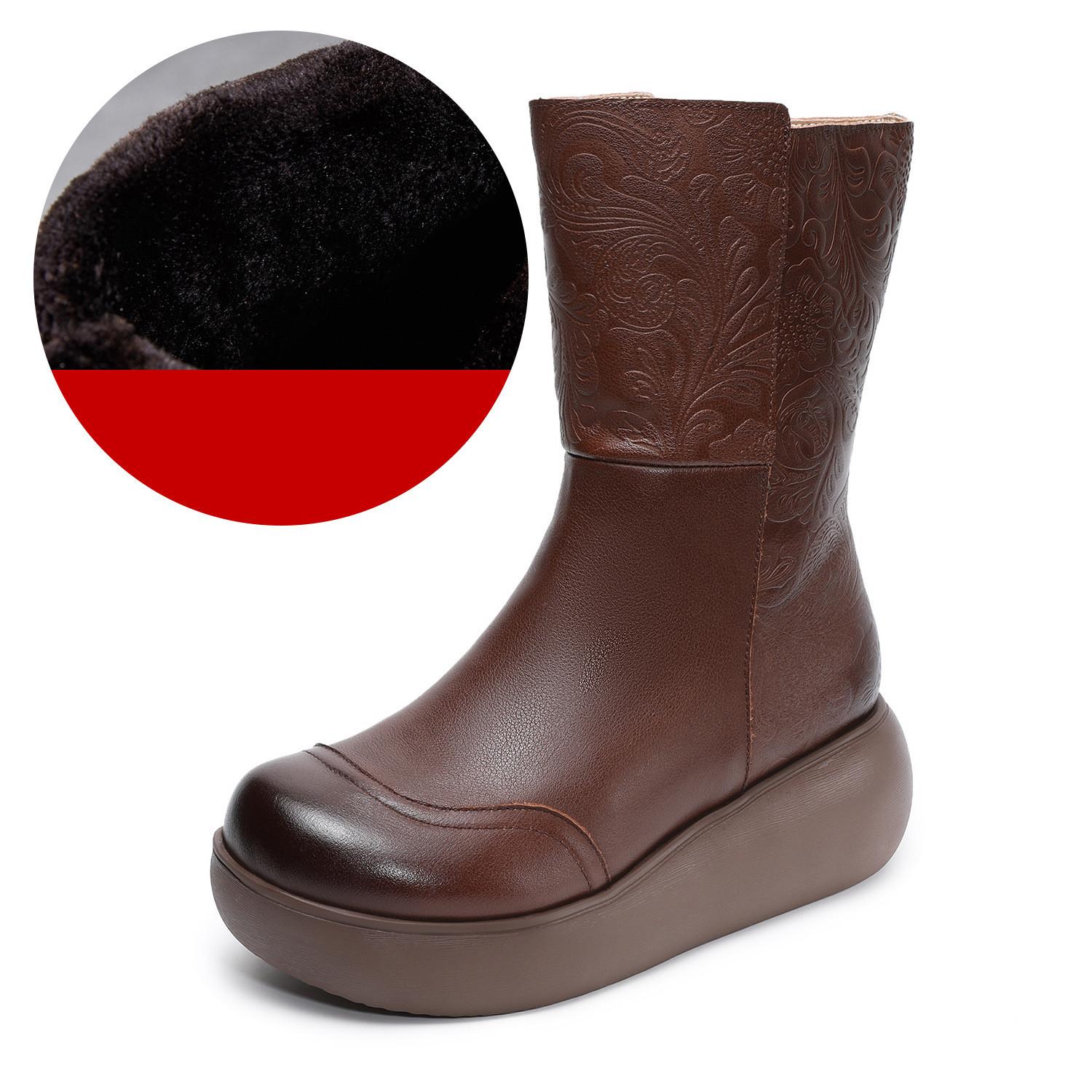 

Johnature Thick Soled Mid-calf Boots Genuine Leather Retro Printed Plush Warm Women s Wedges Boots 40