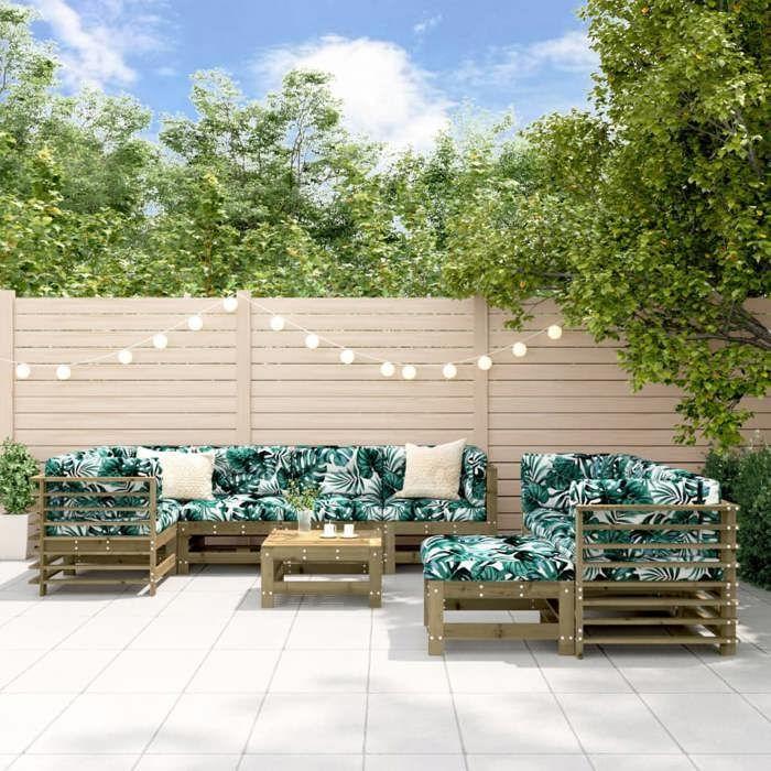 VidaXL Salon de Jardin avec Coussins 10 pcs, Canapé avec Dossier, Ensemble de Meubles avec Table Basse Patio Terrasse, Bois 3186101