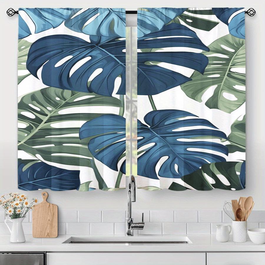 2pc Tropical Leaf Print Curtains, Polyester Fabric, Machine Washable, Suitable for Living Room, Bedroom, Kitchen
