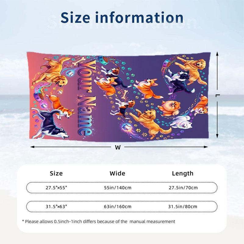 Dog Theme Beach Towel Personalized Custom Name & Text Soft Quick Dry Beach Towel for Swimming Travel