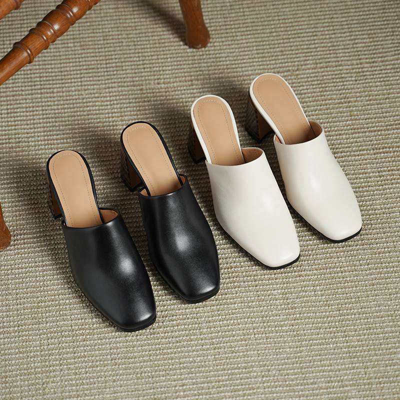 Krazing Pot Mules Cow Skin Basic Clothing Spring Summer Size 43 Size 42 Sandals Women Thick Heels Women Square Toe Slip On Pumps