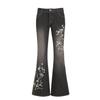 Damen Retro Schlagjeans mit Pflanzenstickerei - Slim Fit, Niedrige Taille