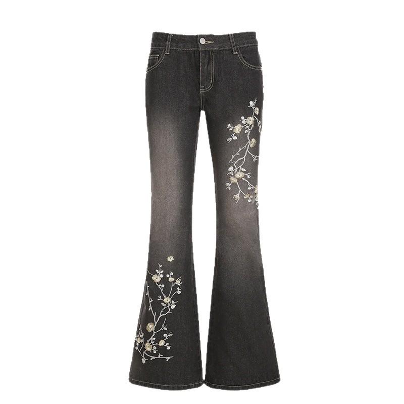 Damen Retro Schlagjeans mit Pflanzenstickerei - Slim Fit, Niedrige Taille
