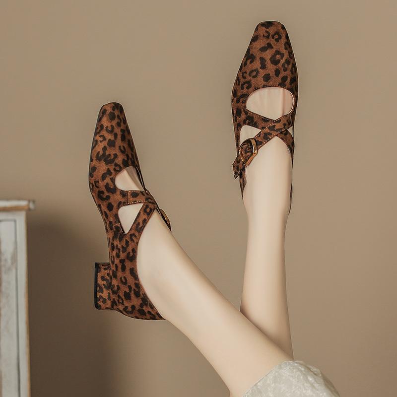 Maillard Leopardenmuster Mary Janes Damen Winterschuhe neu vielseitig kleiner eckiger Kopf flacher Ausschnitt dicker Absatz hohe Absätze