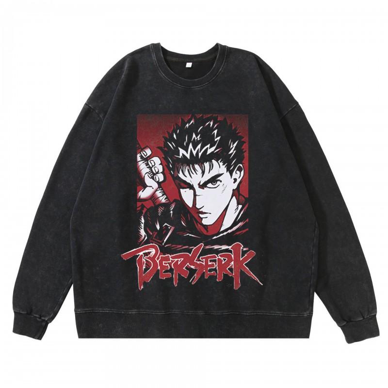 Heavyweight 360g Washed Vintage Berserk Anime Streetwear Cotton Pullover Hoodie-Free Crewneck Sweatshirt Men